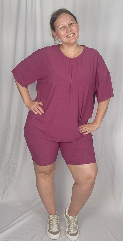 Mauve Ribbed Women's Oversized Shirt and Biker Short