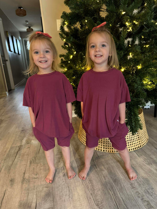 Mauve Ribbed Oversized Shirt and Biker Short 2 Piece Lounge Set