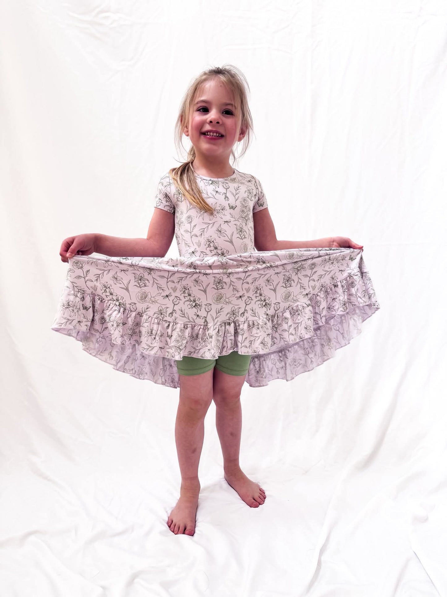 Sage Garden Twirl Dress with Pockets & Shorts Set