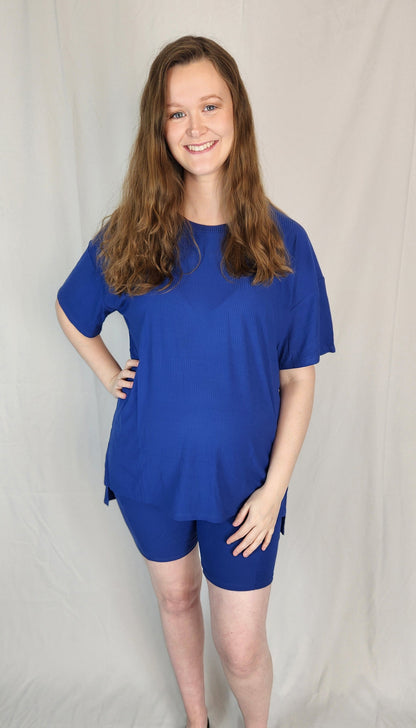 Navy Ribbed Women's Oversized Shirt and Biker Short