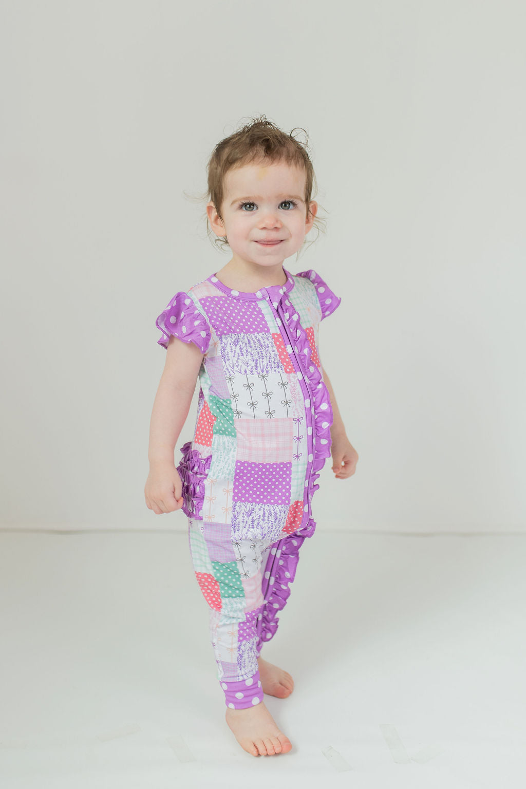 Darling Patchwork Ruffle Sleeve Romper