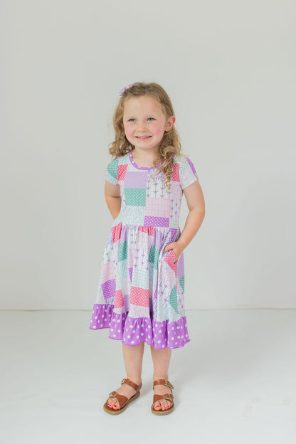 Darling Patchwork Twirl Dress with Pockets & Shorts Set