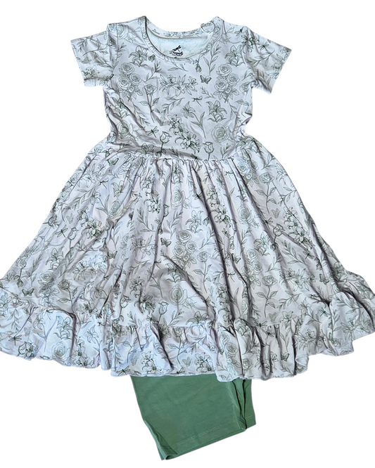 Sage Garden Twirl Dress with Pockets & Shorts Set
