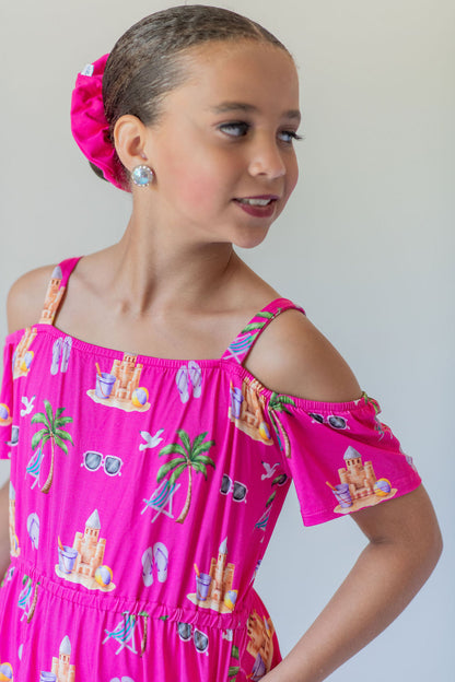 Seaside Pink Peekaboo Shoulder Twirl Dress with Pockets & Shorts Set
