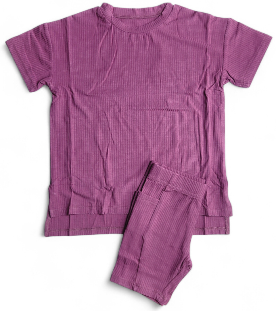 Mauve Ribbed Oversized Shirt and Biker Short 2 Piece Lounge Set