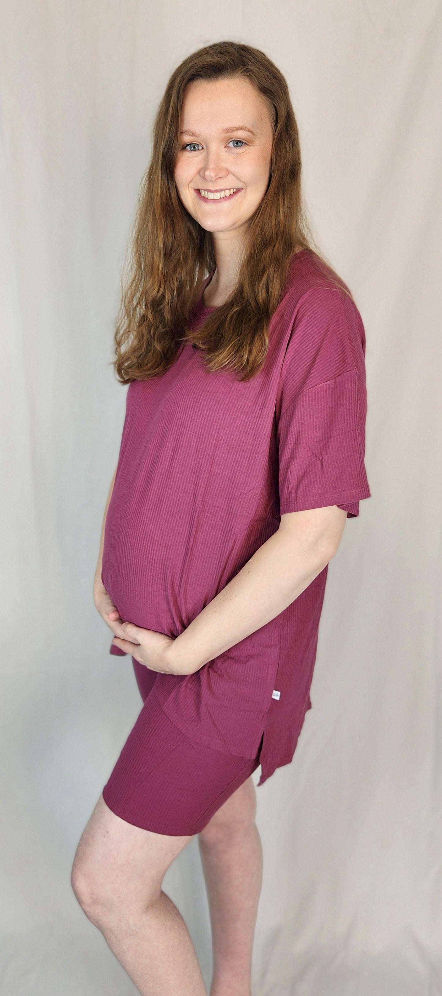 Mauve Ribbed Women's Oversized Shirt and Biker Short