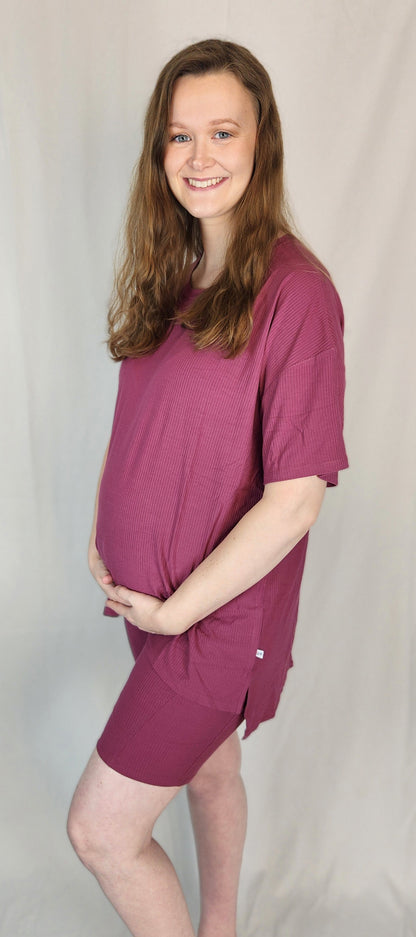 Mauve Ribbed Women's Oversized Shirt and Biker Short