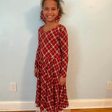 Crimson Tartan Long Sleeve Twirl Dress with Pockets