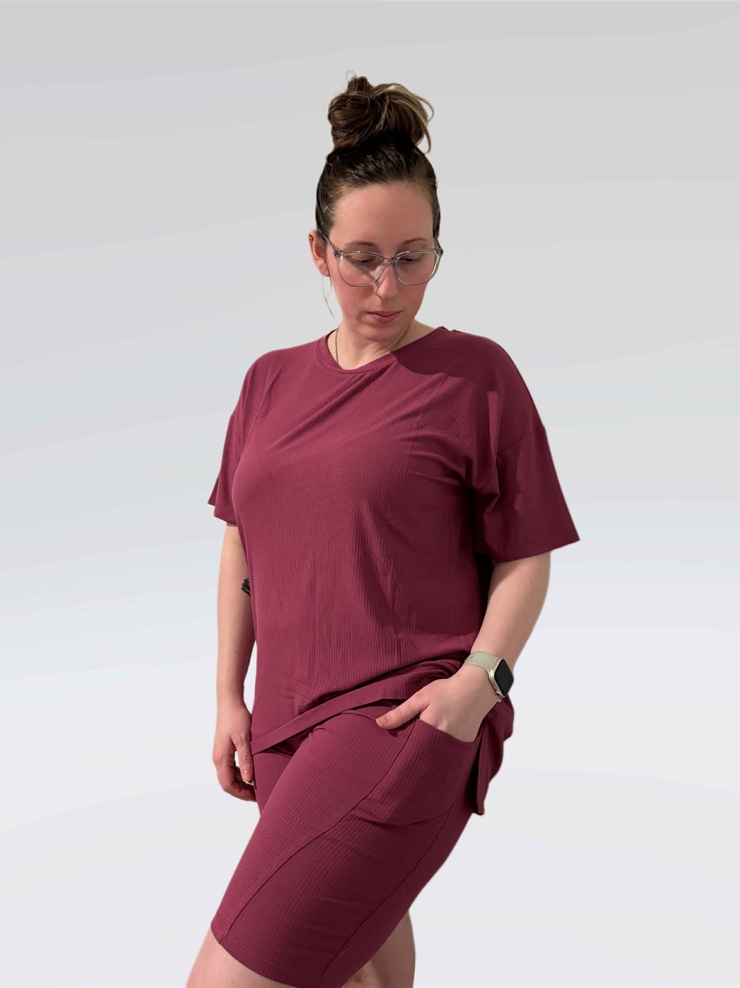 Mauve Ribbed Women's Oversized Shirt and Biker Short