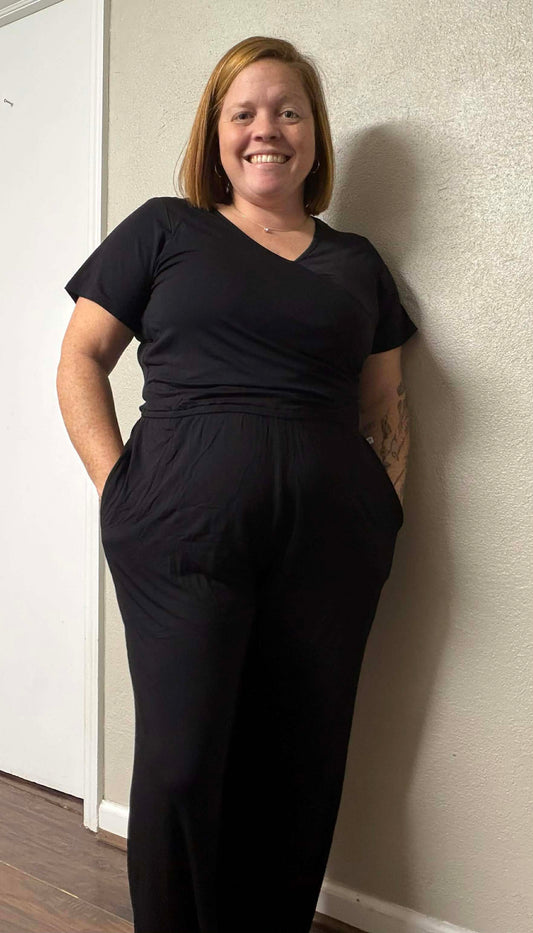 Luxe Noir Women's Short Sleeve Wide Leg Jumpsuit