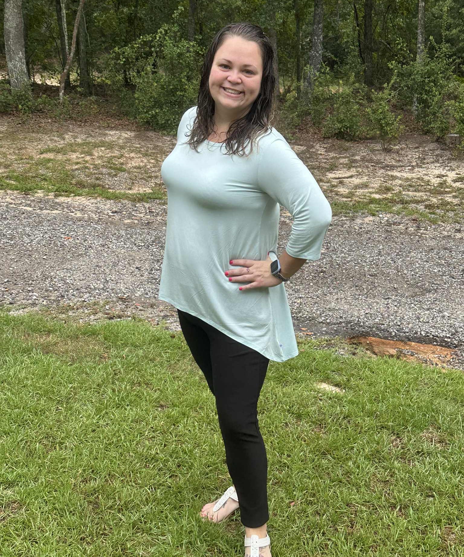 Misty Teal Women's 3/4 Sleeve Flowy Hi-low Top