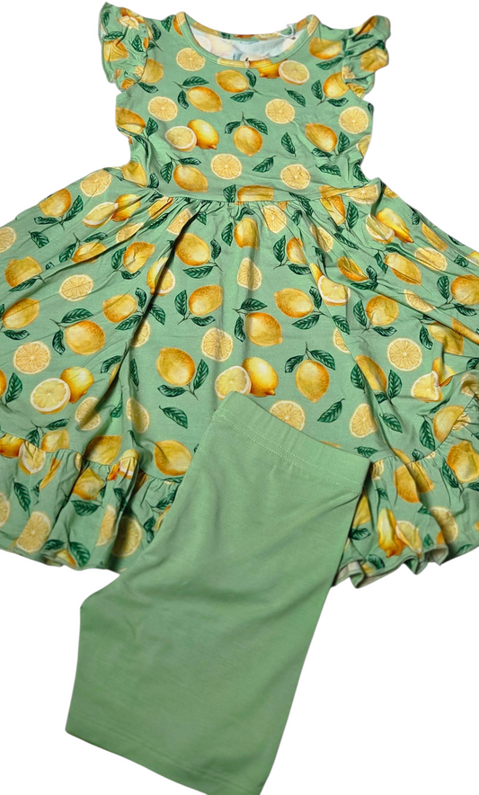 Lemon Pop Twirl Dress with Pockets & Shorts Set