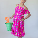 Seaside Pink Peekaboo Shoulder Twirl Dress with Pockets & Shorts Set