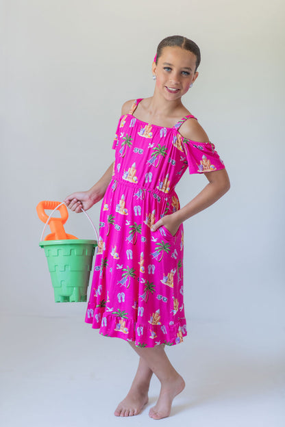 Seaside Pink Peekaboo Shoulder Twirl Dress with Pockets & Shorts Set
