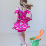 Seaside Pink Peekaboo Shoulder Twirl Dress with Pockets & Shorts Set