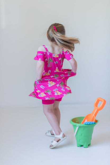 Seaside Pink Peekaboo Shoulder Twirl Dress with Pockets & Shorts Set