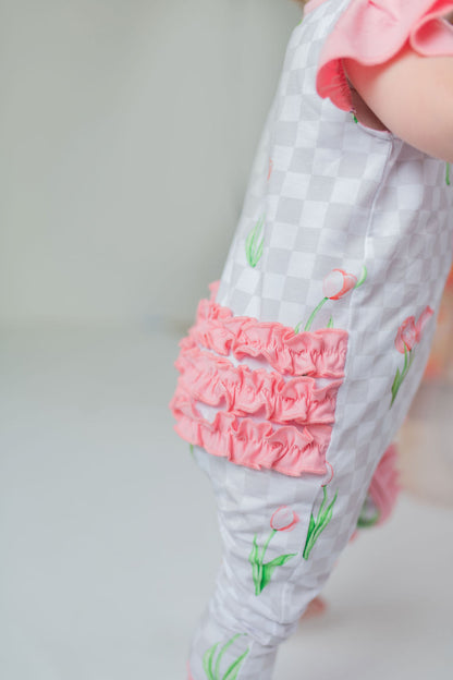 Checkered In Bloom Ruffle Sleeve Romper