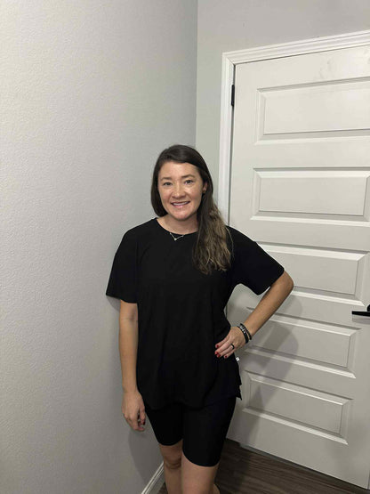 Luxe Noir Ribbed Women's Oversized Shirt and Biker Short