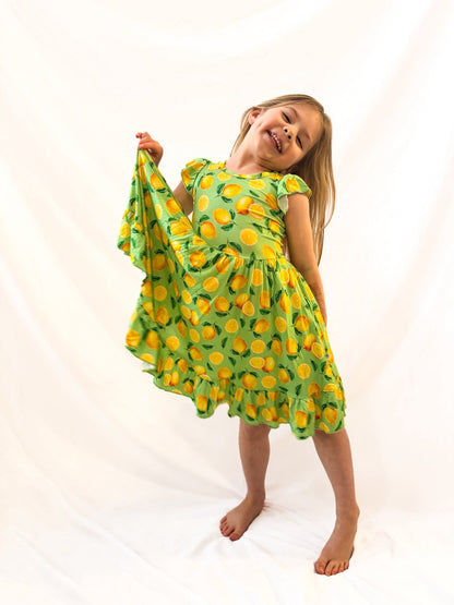 Lemon Pop Twirl Dress with Pockets & Shorts Set