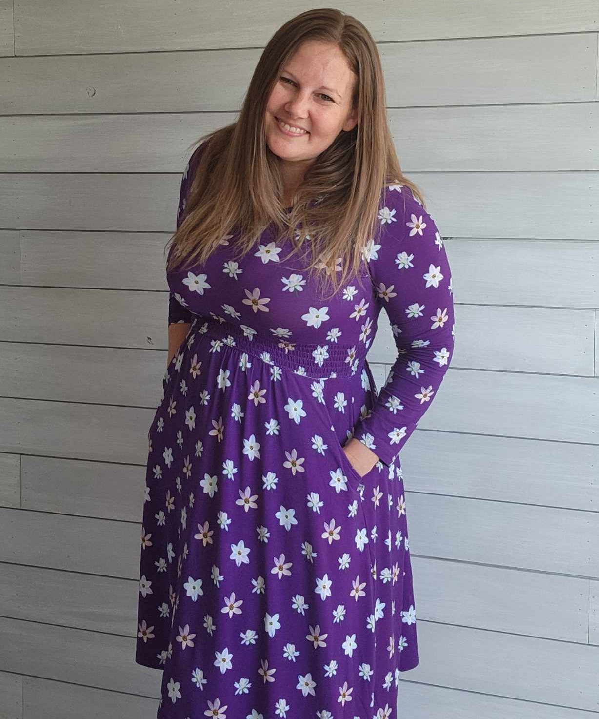 Twilight Blooms Smocked Waist 3/4 sleeve Women's Dress